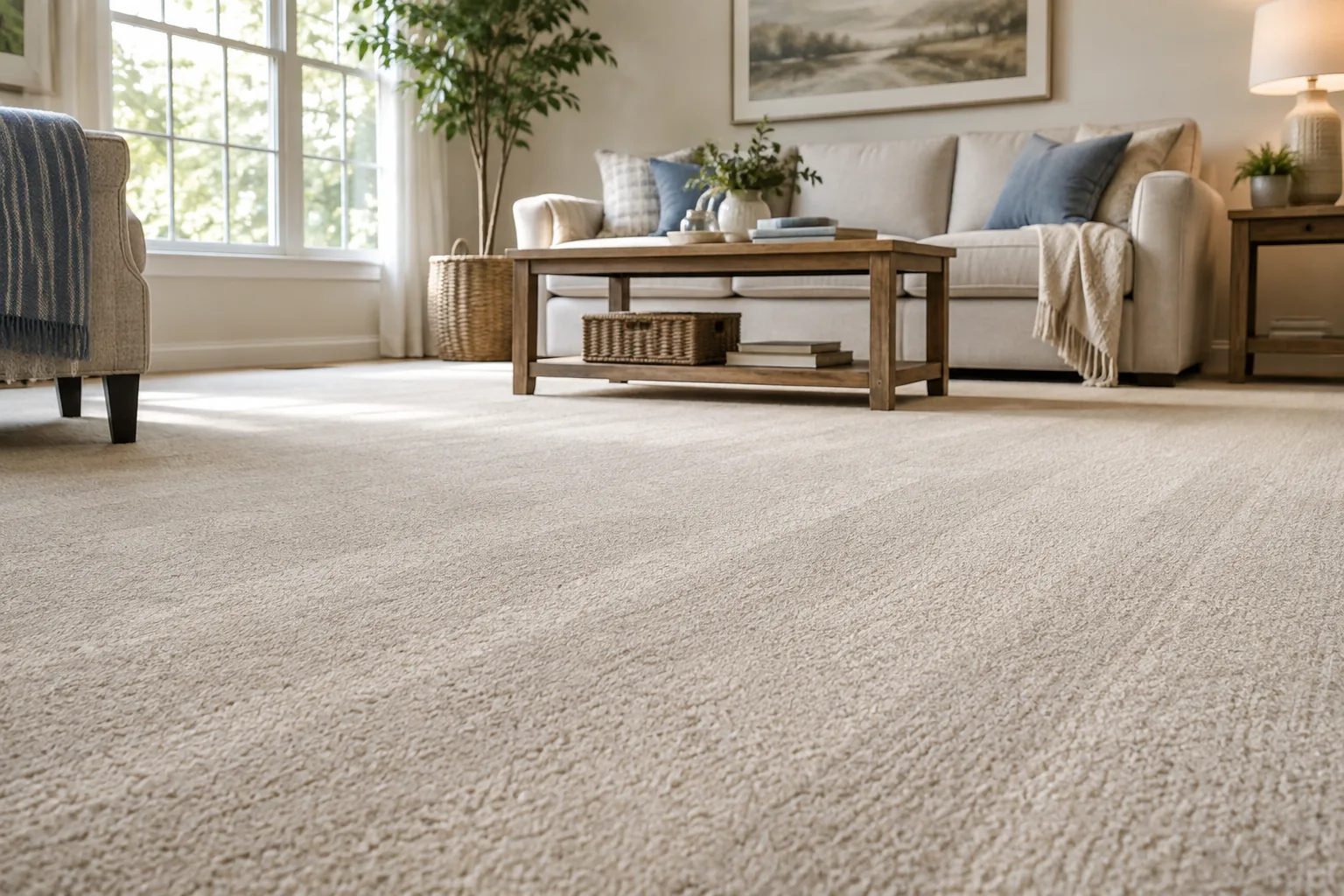 Sunlit living room with soft neutral carpet and a comfortable linen sofa