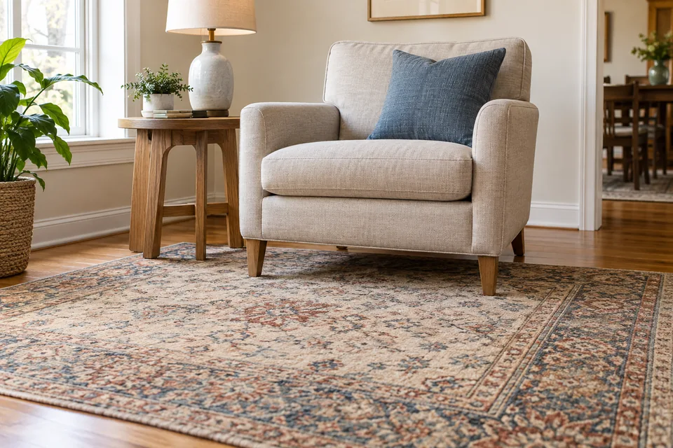 Illustrative interior with a patterned area rug and upholstered chair
